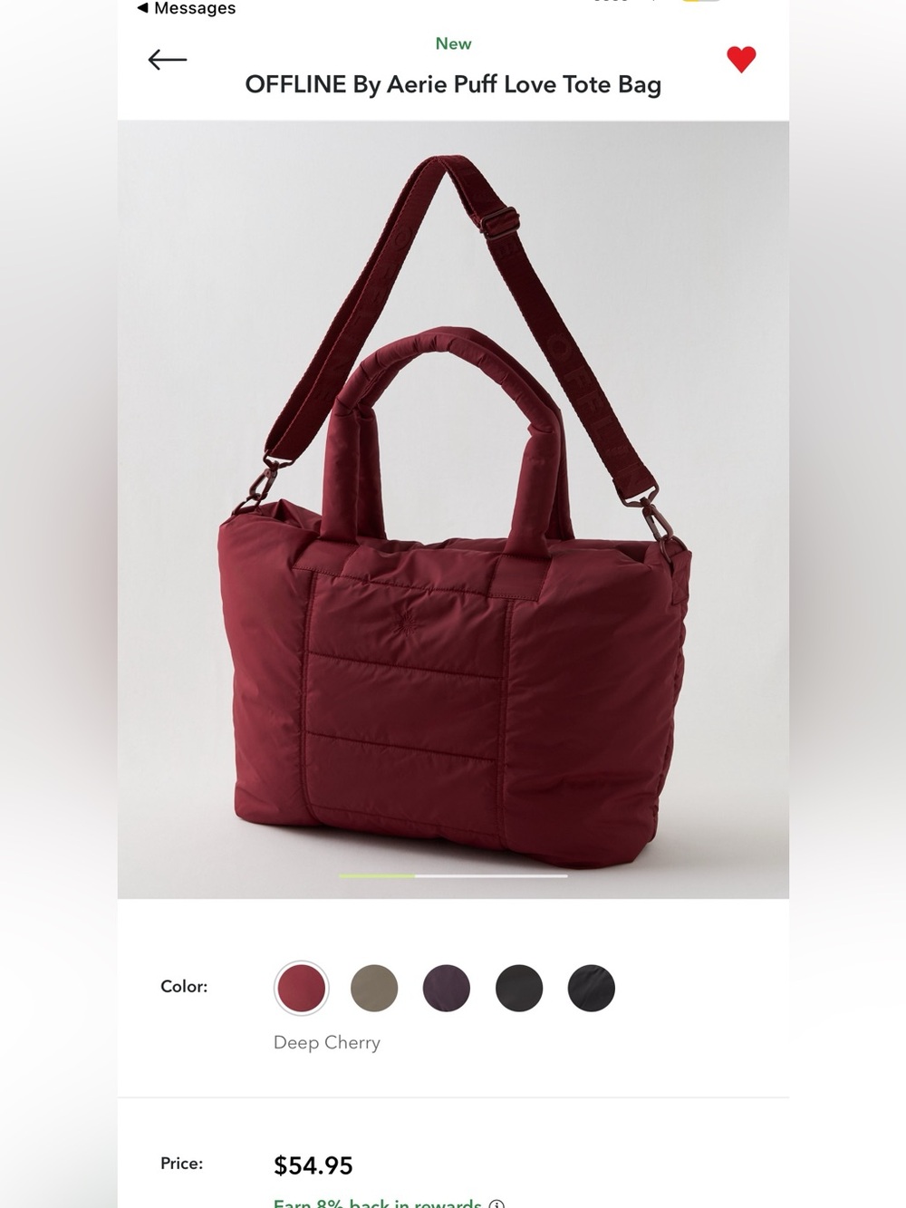 aerie Deep Cherry Puff Love Quilted Tote